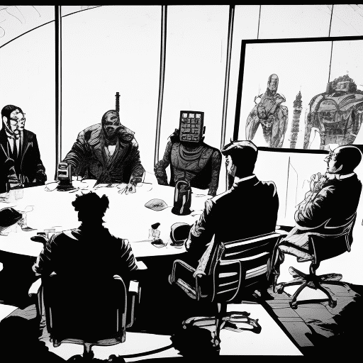 blkmndy-people-and-robots-sitting-at-a-round-table-in-a-meeting-black-and-white-comic-style-